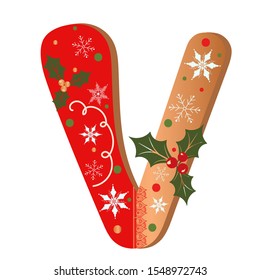Letter cookies alphabet vector with Christmas flowers and snowflakes. Illustration letter Cookie V.  