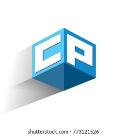 Letter CP logo in hexagon shape and blue background, cube logo with letter design for company identity.
