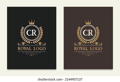 Letter CR crown monogram. Elegant logo and creative typography. The graceful vintage emblem for book design, brand name, business card, restaurant, boutique, hotel, cafe, badge, label. Vector symbol.