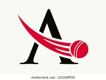 Letra A Concepto De Logo De Cricket Con Icono De Ball Para Plantilla De Vector De Símbolo De Club De Cricket. Signo de criquet