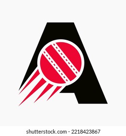 Letter A Cricket Logo Concept With Moving Cricket Ball Icon. Cricket Sports Logotype Symbol Vector Template