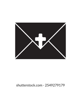 Carta con la silueta plana del Vector del logotipo de la cruz, aislada en el fondo blanco. 