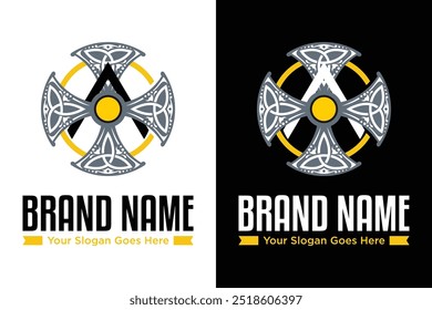 letter A cross symbol with norse nordic viking art pattern illustration vector logo design