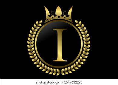 I letter and crown monogram logo. Luxury laurel with golden wreath. Elegant vector for emblem, logo, card, badge, antique, restaurant, cafe, boutique, hotel, heraldic, jewelry, product or company name