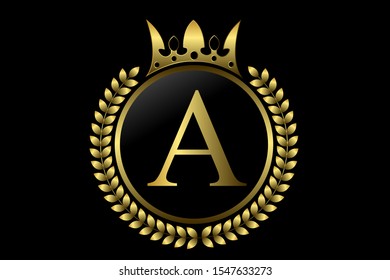 A letter and crown monogram logo. Luxury laurel with golden wreath. Elegant vector for emblem, logo, card, badge, antique, restaurant, cafe, boutique, hotel, heraldic, jewelry, product or company name