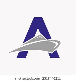 Letter A Cruise Ship Logo Boat Icon. Yacht Symbol, Marine Logotype Vector Template