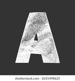 Letra A com textura de papel amassado, efeito pontilhado de areia. Collage estilo nota de resgate, superfície grunge de meio-tom, olhar envelhecido com bordas rasgadas.