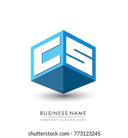 Letter CS logo in hexagon shape and blue background, cube logo with letter design for company identity.
