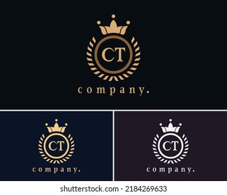 Letter CT laurel wreath monogram template. Beautiful crown logo for Royalty, business card, Boutique, Hotel, Heraldic, Cafe, Restaurant, Web design, Jewelry. Elegant vector emblem illustration.