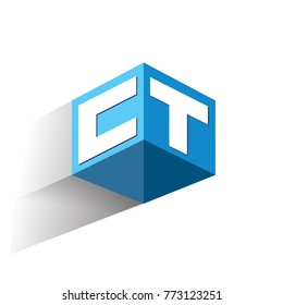 Letter CT logo in hexagon shape and blue background, cube logo with letter design for company identity.

