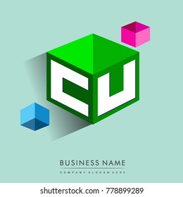 Letter CU logo in hexagon shape and green background, cube logo with letter design for company identity.
