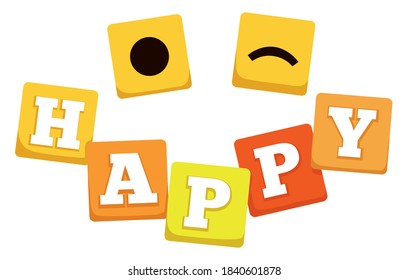 Letter cube toys forming 'happy' word and wink with punctuation symbols, isolated over white background.