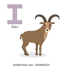 Letter I and a cute cartoon ibex. Children's English alphabet. It is suitable for the design of postcards, books, leaflets, banners, birthday invitations. Colorful vector illustration