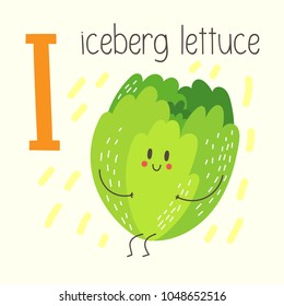 Letter I with cute cartoon iceberg lettuce. Vector alphabet.