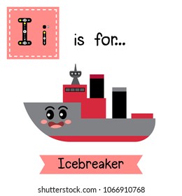 Letter I cute children colorful transportations ABC alphabet tracing flashcard of Icebreaker for kids learning English vocabulary Vector Illustration.