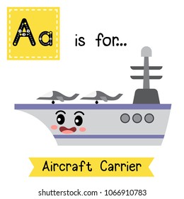 Letter A cute children colorful transportations ABC alphabet tracing flashcard of Aircraft Carrier for kids learning English vocabulary Vector Illustration.