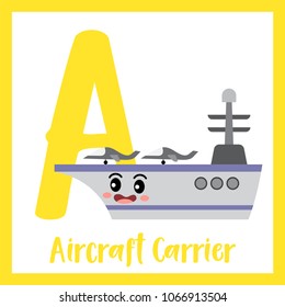 Letter A cute children colorful transportations ABC alphabet flashcard of Aircraft Carrier for kids learning English vocabulary Vector Illustration.