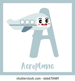 Letter A cute children colorful transportations ABC alphabet flashcard of Aeroplane for kids learning English vocabulary Vector Illustration.