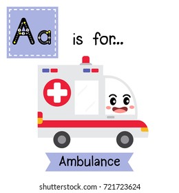 Letter A cute children colorful transportations ABC alphabet tracing flashcard of Ambulance Car for kids learning English vocabulary Vector Illustration.