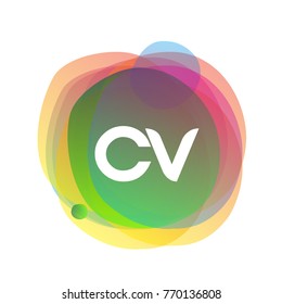 Letter CV logo with colorful splash background, letter combination logo design for creative industry, web, business and company.
