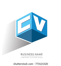 Letter CV logo in hexagon shape and blue background, cube logo with letter design for company identity.
