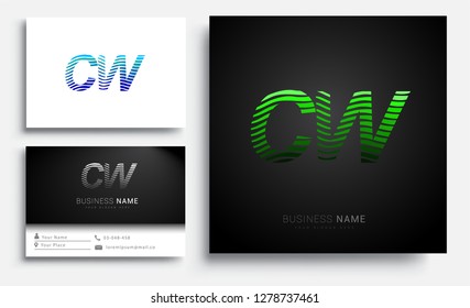 Letter CW logotype with colorful circle, with striped composition letter, sets of business card for company identity, creative industry, web.