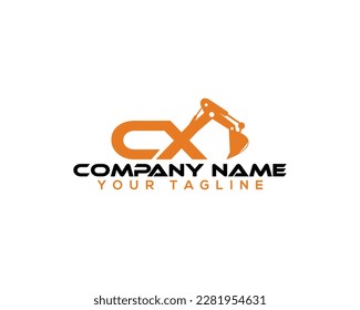 Letter CX Building With Excavator Logo Design Concept. Creative Excavators, Construction Machinery Special Equipment Vector Illustration.