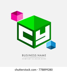 Letter CY logo in hexagon shape and green background, cube logo with letter design for company identity.
