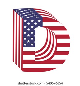 Letter D from 3d with American flag texture wrapped. Volume USA vector font