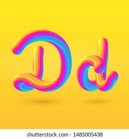 Letter D 3D vector. Liquid gradient shape on yellow background. Colorful hand draw alphabet for branding, logo, a set of words. Festive typography, childrens alphabet, uppercase letters