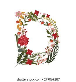 Letter D - 4 letter of the alphabet. Vector hand-drawn monogram composed of flowers, branches and leaves on a white background.