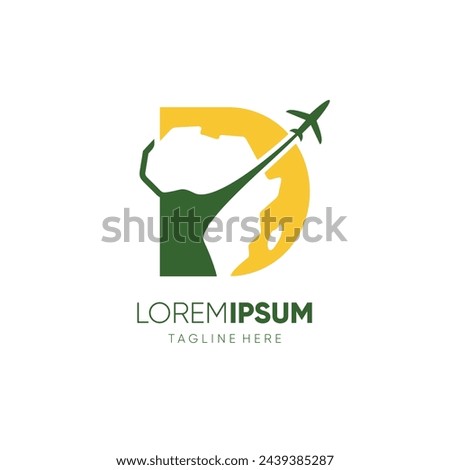 Letter D African Continent Map with Airplane for Travel Logo Design Vector Icon Symbol Graphic Illustration