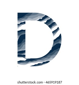 The letter D, in the alphabet abstract background marble, bark, mountain, stone layer  set dark blue shade color isolated on white background
