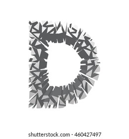 The letter D, in the alphabet broken 3d perspective set silver color isolated on white background