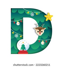 Letra D Alphabet Font Cute Feliz Navidad Concepto Estrella de reno Snowglobe Árbol de Navidad Tipo de letra Elemento de Navidad Caricatura Papel verde 3D Capa Cutout Tarjeta Vector Ilustración