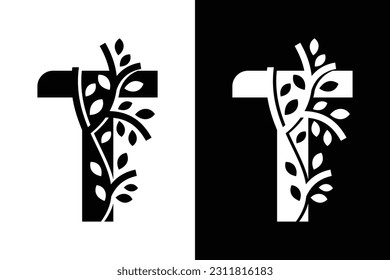 Letter D alphabet and growing leaf with black and white color. Very suitable for symbol, logo, company name, brand name, personal name, icon, identity, business, marketing and many more.