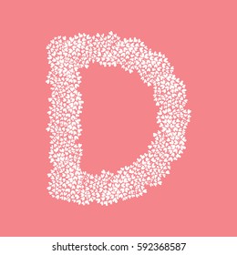 The letter D, in the alphabet Heart flower bush illustration set flat design white color isolated on pink background, vector eps10