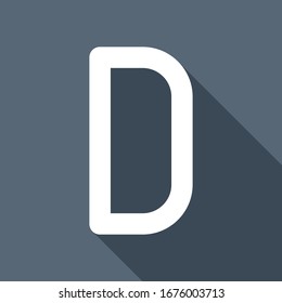 Letter D of alphabet, isolated outline symbol. White flat icon with long shadow on blue background