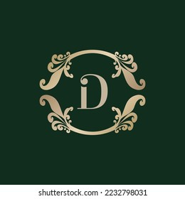 Letter D Alphabet Logo with Luxury Decorative Golden Frame. Elegant Curl Floral Ornament. 
