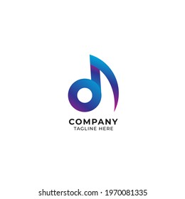 Letter D Alphabet Music Logo Design. Initial and Musical Note logo concept isolated on white background. Blue Purple Magenta Multicolor Gradient.