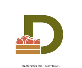letter d with apple crate. fruit alphabet logotype. harvest and gardening design. isolated vector image