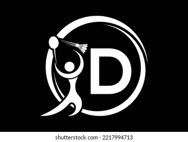 Letter D Badminton Logo Concept With Moving Badminton Icon. Badminton Sports Logotype Symbol Vector Template.