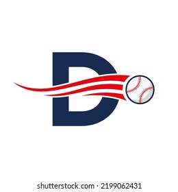 Letter D Baseball Logo Concept With Moving Baseball Icon Vector Template