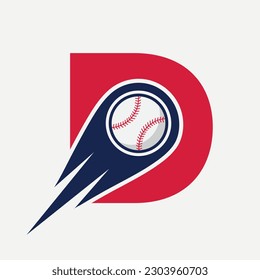 Concepto de logotipo de béisbol carta D con plantilla de vectores de iconos de béisbol en movimiento