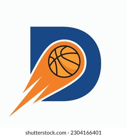 Letter D Basketball Logo Concept With Moving Basketball Icon. Basket Ball Logotype Symbol