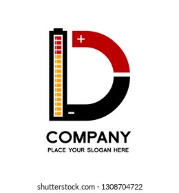 Letter D battery vector logo template. Alphabet graphic with current positive and negative symbol. Black, red and yellow color. This logo is suitable for electric, technology, power and energy supply.