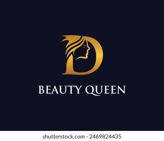 Letter D beauty queen and women hairstyle logo icon vector template.