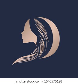 Logo del salón de belleza Carta D.Forma metálica de color rosa.Largo retrato de perfil de mujer con bonito cabello.Icono de letras.Signo inicial de alfabeto para el spa y los negocios estéticos.Estilo moderno, elegante y lujoso.