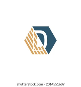 Buchstabe D hinter dem Hexagon mit Streifendesign-Vektorgrafik