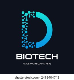 Letter D biotechnology vector logo template. This logo use molecule symbol. Suitable for biology and chemistry.